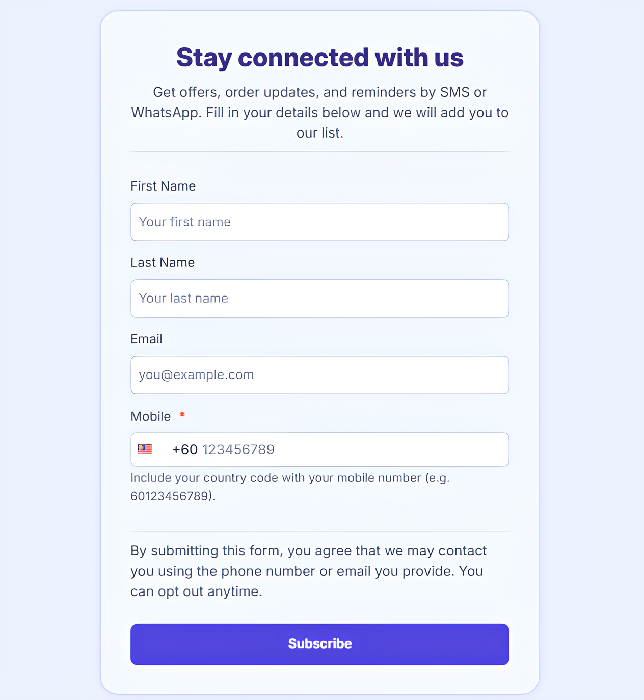 Preview of a MoceanSMS opt-in form for collecting customer contact details